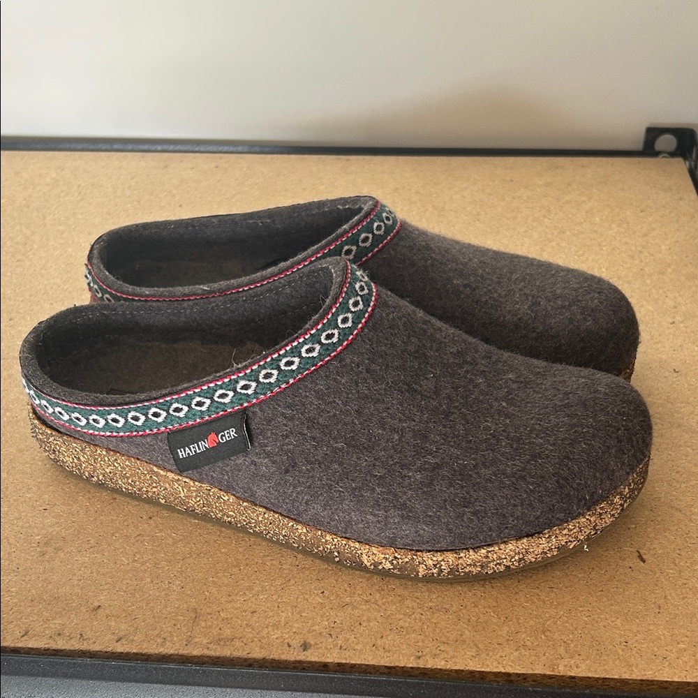 Haflinger Dark Grey Wool Slip-On Clogs with Green and Red Trim